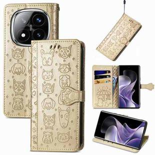 For Xiaomi Redmi Note 14 Pro 5G Cat and Dog Embossed Leather Phone Case(Gold)