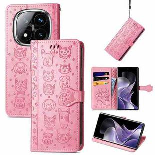 For Xiaomi Redmi Note 14 Pro+ 5G Cat and Dog Embossed Leather Phone Case(Pink)