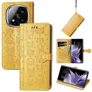 For Xiaomi Redmi Note 14 Pro+ 5G Cat and Dog Embossed Leather Phone Case(Yellow)
