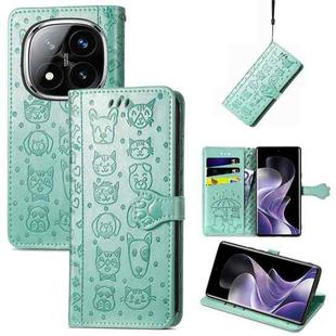 For Xiaomi Redmi Note 14 Pro+ 5G Cat and Dog Embossed Leather Phone Case(Green)