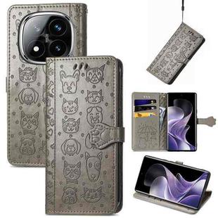 For Xiaomi Redmi Note 14 Pro+ 5G Cat and Dog Embossed Leather Phone Case(Gray)