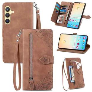 For Samsung Galaxy S25 5G Embossed Flower Zipper Leather Phone Case(Brown)