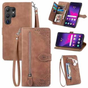 For Samsung Galaxy S25 Ultra 5G Embossed Flower Zipper Leather Phone Case(Brown)