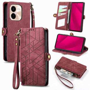 For vivo Y37 Pro Geometric Zipper Wallet Side Buckle Leather Phone Case(Red)