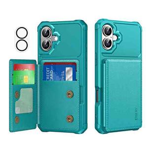 For iPhone 16 Plus ENKAY Hat-Prince Card Slot Wallet TPU Back Leather Phone Case with Lens Film(Cyan)