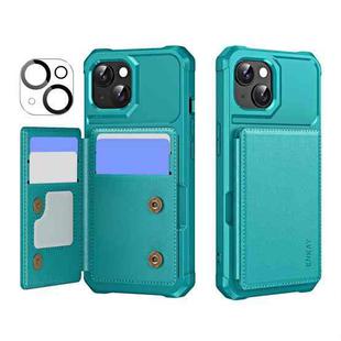 For iPhone 15 Plus ENKAY Hat-Prince Card Slot Wallet TPU Back Leather Phone Case with Lens Film(Cyan)