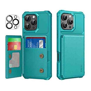 For iPhone 14 Pro ENKAY Hat-Prince Card Slot Wallet TPU Back Leather Phone Case with Lens Film(Cyan)