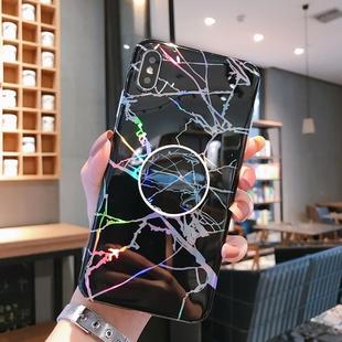 Laser Marble Anti-drop TPU  Protection Back Cover for iPhone X / XS, with Folding Holder(Black)