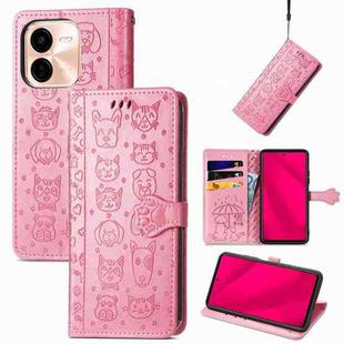 For vivo Y37 Pro Cat and Dog Embossed Leather Phone Case(Pink)