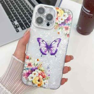 For iPhone 16 Pro Max Plating Texture Butterfly TPU Phone Case with Glitter Lens Film(Flowers Butterflies HU1)