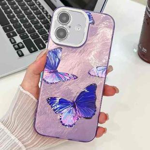 For iPhone 16 Plating Texture Butterfly TPU Phone Case with Glitter Lens Film(Purple Butterflies HU4)