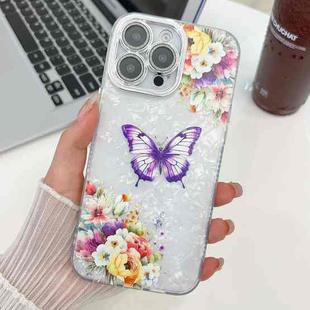 For iPhone 15 Pro Plating Texture Butterfly TPU Phone Case with Glitter Lens Film(Flowers Butterflies HU1)