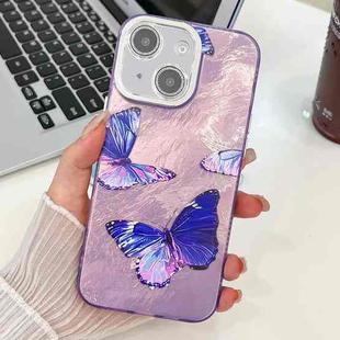 For iPhone 14 Plating Texture Butterfly TPU Phone Case with Glitter Lens Film(Purple Butterflies HU4)