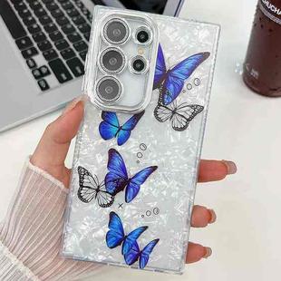 For Samsung Galaxy S25 Ultra 5G Plating Texture Butterfly TPU Phone Case with Glitter Lens Film(Blue Butterflies HU3)
