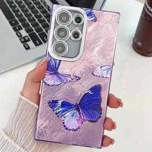 For Samsung Galaxy S25 Ultra 5G Plating Texture Butterfly TPU Phone Case with Glitter Lens Film(Purple Butterflies HU4)