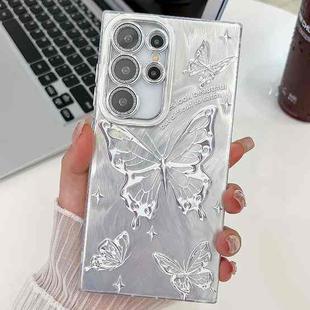 For Samsung Galaxy S25 Ultra 5G Plating Texture Butterfly TPU Phone Case with Glitter Lens Film(Silver Butterflies HU6)
