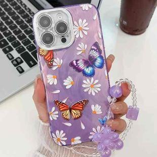 For iPhone 16 Pro Max Plating Texture Butterfly Wristband TPU Phone Case with Glitter Lens Film(Daisy Butterflies HU2)