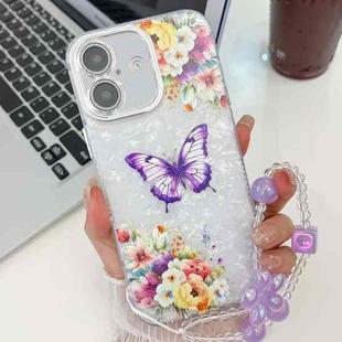 For iPhone 16 Plating Texture Butterfly Wristband TPU Phone Case with Glitter Lens Film(Flowers Butterflies HU1)