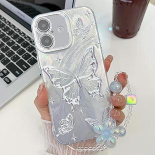 For iPhone 16 Plating Texture Butterfly Wristband TPU Phone Case with Glitter Lens Film(Silver Butterflies HU6)