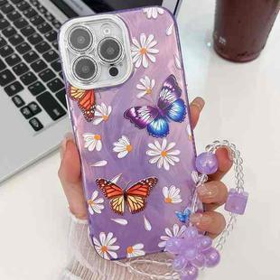 For iPhone 15 Pro Max Plating Texture Butterfly Wristband TPU Phone Case with Glitter Lens Film(Daisy Butterflies HU2)