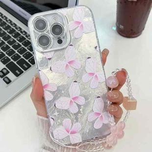 For iPhone 15 Pro Max Plating Texture Butterfly Wristband TPU Phone Case with Glitter Lens Film(Pink Butterflies HU5)