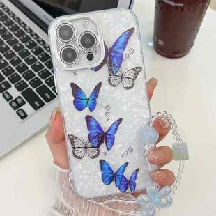 For iPhone 15 Pro Plating Texture Butterfly Wristband TPU Phone Case with Glitter Lens Film(Blue Butterflies HU3)
