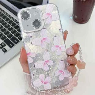 For iPhone 15 Plating Texture Butterfly Wristband TPU Phone Case with Glitter Lens Film(Pink Butterflies HU5)