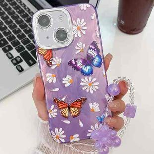 For iPhone 14 Plating Texture Butterfly Wristband TPU Phone Case with Glitter Lens Film(Daisy Butterflies HU2)