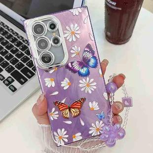 For Samsung Galaxy S25 Ultra 5G Plating Texture Butterfly Wristband TPU Phone Case with Glitter Lens Film(Daisy Butterflies HU2)