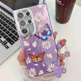 For Samsung Galaxy S24 Ultra 5G Plating Texture Butterfly Wristband TPU Phone Case with Glitter Lens Film(Daisy Butterflies HU2)