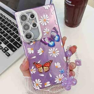 For Samsung Galaxy S23 Ultra 5G Plating Texture Butterfly Wristband TPU Phone Case with Glitter Lens Film(Daisy Butterflies HU2)