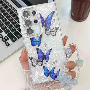 For Samsung Galaxy S23 Ultra 5G Plating Texture Butterfly Wristband TPU Phone Case with Glitter Lens Film(Blue Butterflies HU3)