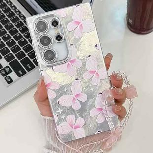 For Samsung Galaxy S23 Ultra 5G Plating Texture Butterfly Wristband TPU Phone Case with Glitter Lens Film(Pink Butterflies HU5)