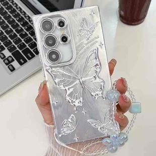 For Samsung Galaxy S23 Ultra 5G Plating Texture Butterfly Wristband TPU Phone Case with Glitter Lens Film(Silver Butterflies HU6)