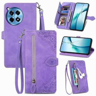 For OnePlus Ace 3 Pro Embossed Flower Zipper Leather Phone Case(Purple)