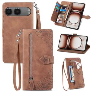 For OnePlus Nord 4 Embossed Flower Zipper Leather Phone Case(Brown)