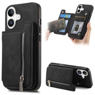 For iPhone 16 Plus Retro MagSafe Zipper Wallet Card Bag Back Phone Case(Black)