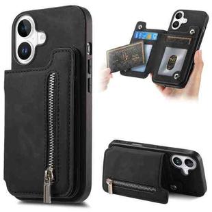 For iPhone 16 Retro MagSafe Zipper Wallet Card Bag Back Phone Case(Black)