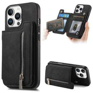 For iPhone 15 Pro max Retro MagSafe Zipper Wallet Card Bag Back Phone Case(Black)