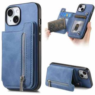 For iPhone 15 Retro MagSafe Zipper Wallet Card Bag Back Phone Case(Blue)