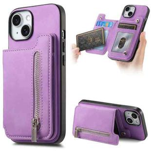 For iPhone 14 Plus Retro MagSafe Zipper Wallet Card Bag Back Phone Case(Purple)