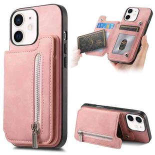 For iPhone 12 / 12 Pro Retro MagSafe Zipper Wallet Card Bag Back Phone Case(Pink)