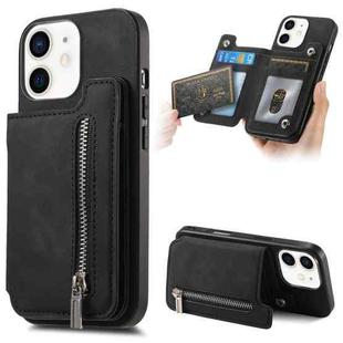 For iPhone 12 / 12 Pro Retro MagSafe Zipper Wallet Card Bag Back Phone Case(Black)