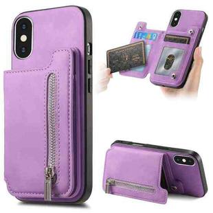 For iPhone X / XS Retro MagSafe Zipper Wallet Card Bag Back Phone Case(Purple)