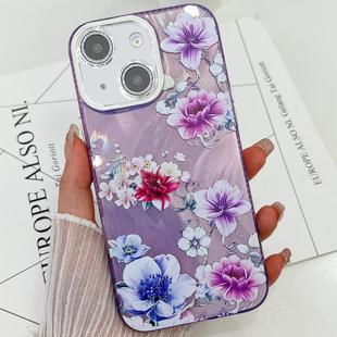 For iPhone 14 Electroplating Laser Flowers Plants Texture TPU Phone Case(Purple Flowers FL1)