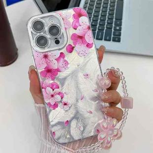 For iPhone 15 Pro Max Electroplating Flowers Plants Texture Wristband TPU Phone Case(Peach Blossom FL18)