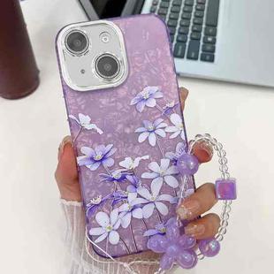 For iPhone 15 Electroplating Flowers Plants Texture Wristband TPU Phone Case(Lilac Flowers FL16)