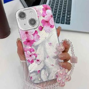 For iPhone 15 Electroplating Flowers Plants Texture Wristband TPU Phone Case(Peach Blossom FL18)