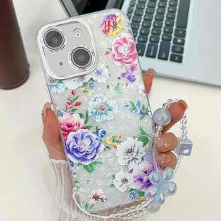 For iPhone 13 Electroplating Flowers Plants Texture Wristband TPU Phone Case(Peony FL14)