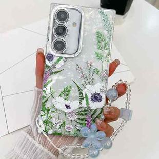 For Samsung Galaxy S25+ 5G Electroplating Flowers Plants Texture Wristband TPU Phone Case(Green Plants FL5)